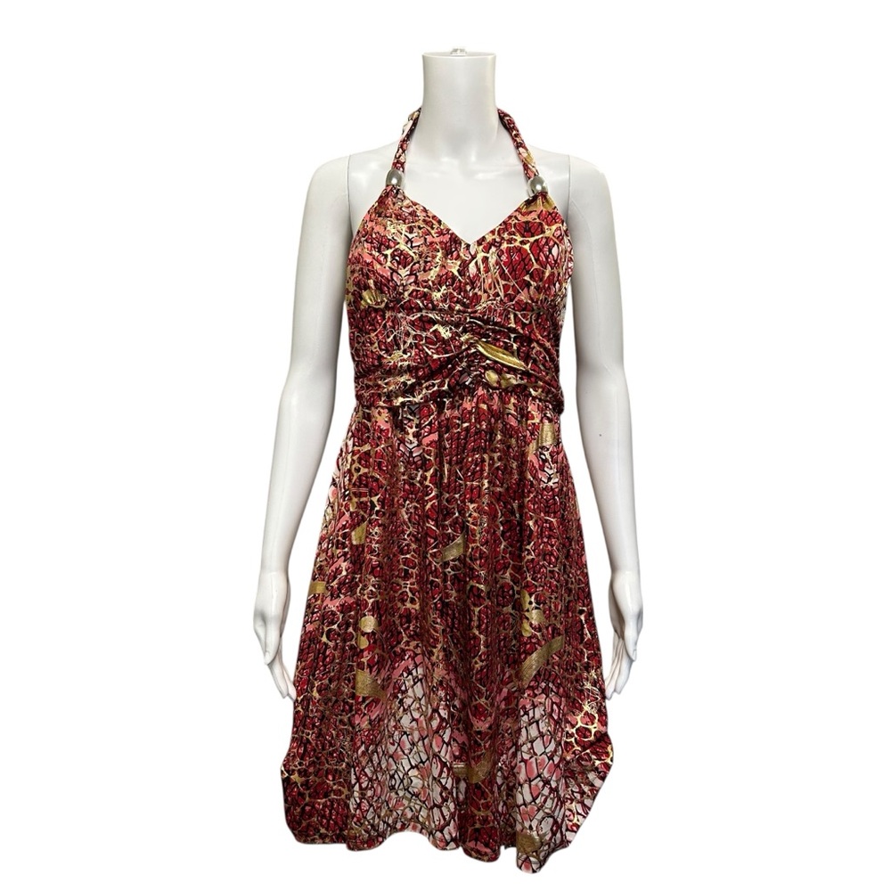 Majora Animal Print Halter Mini Dress Red Gold Size L